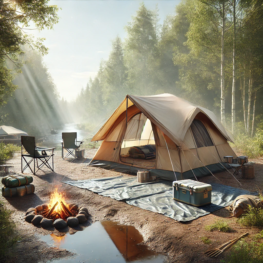 DALL·E-2025-03-19-18.43.48-A-well-organized-camping-site-with-a-spacious-tent-larger-than-needed-set-up-on-flat-ground-away-from-water-accumulation.-The-tent-has-ventilation-wi Barraca de Acampamento: 7 Dicas para Escolher a Melhor